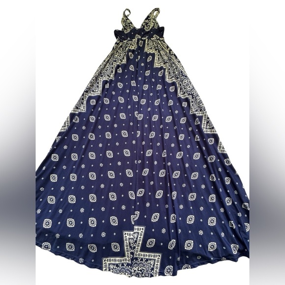 Soma Navy Elegant Navy and White Patterned Sleeveless V Neck Maxi Dress Size XS - Picture 7 of 9